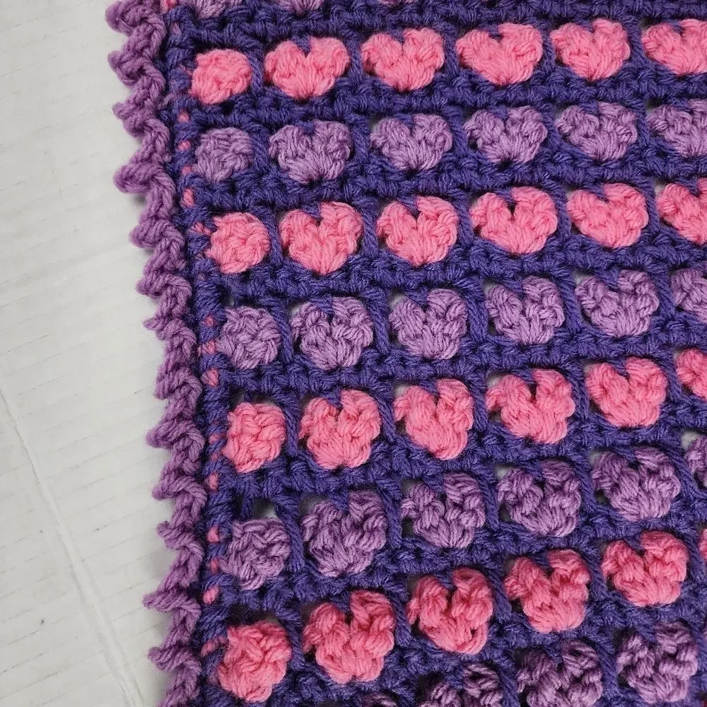 New Handmade Crochet Heart Lap Blanket Purple & Pink Ombre Hearts Trow